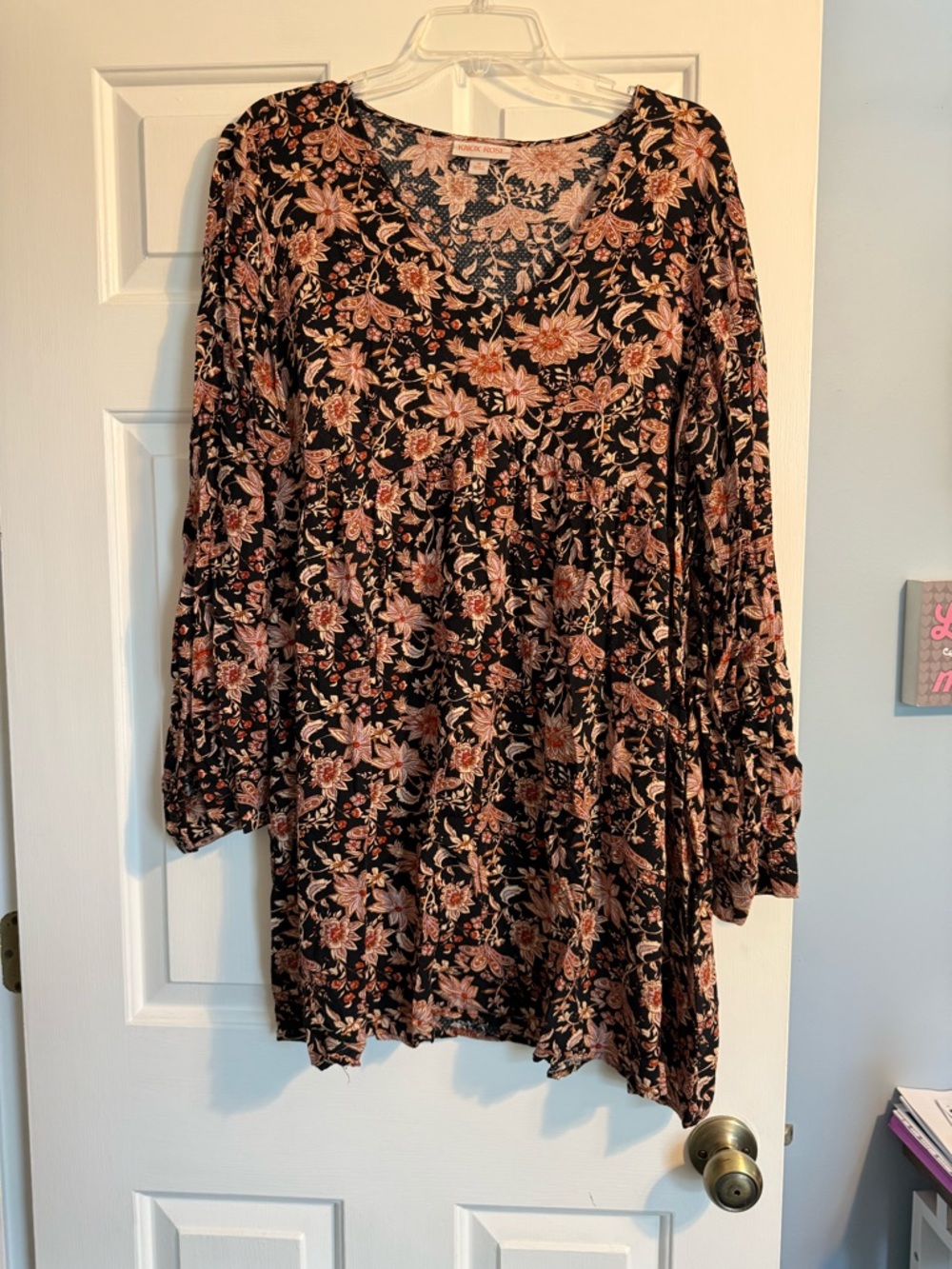 Knox Rose Black Dress with Pink Floral Print - Long Sleeve Babydoll